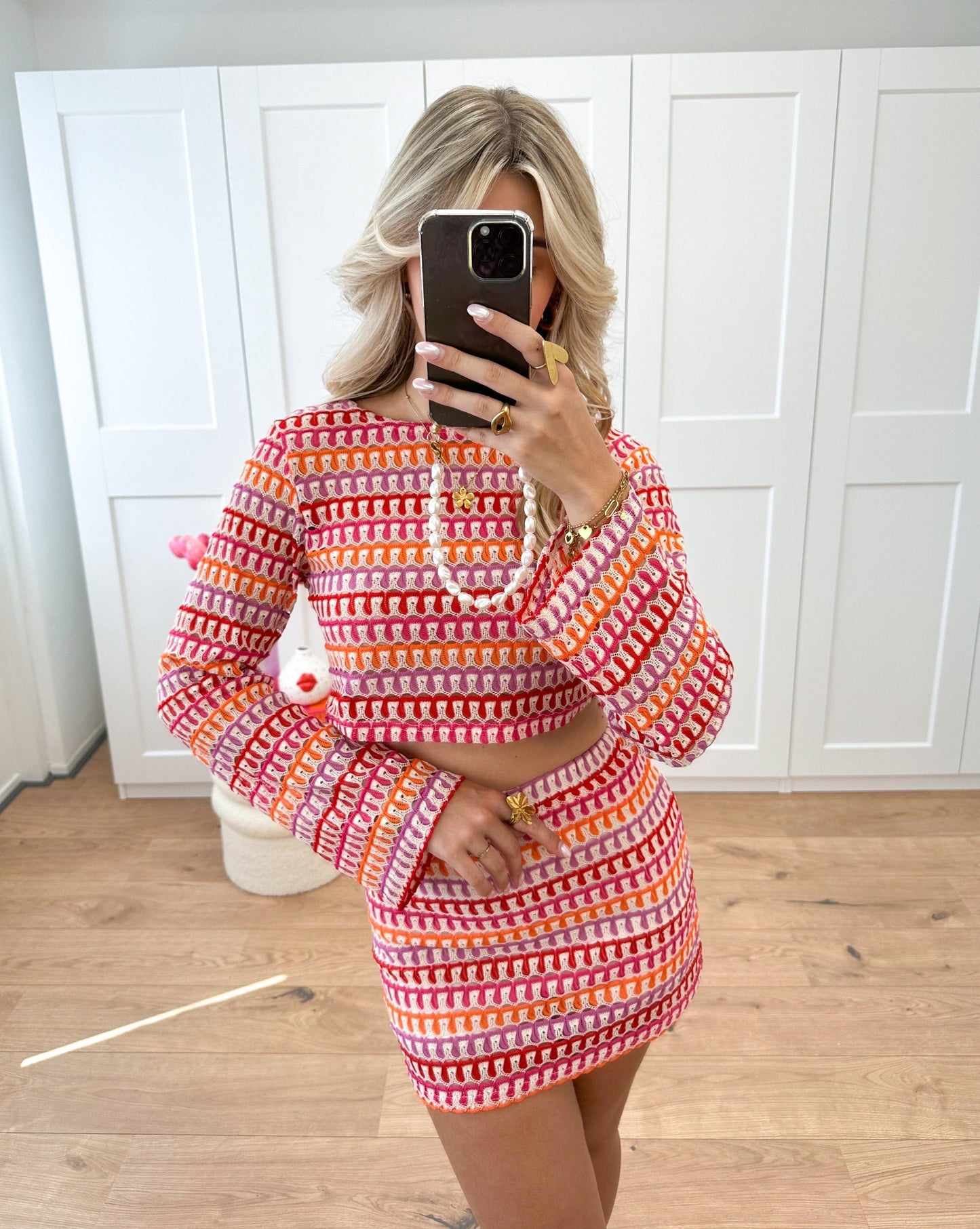 Zoila Kleurrijke Gehaakte Crop Top en Rok Set voor Dames