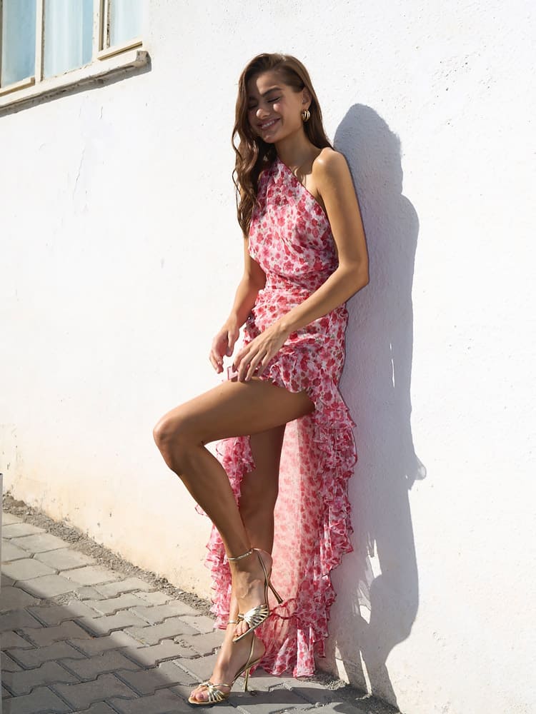 Rosa One Shoulder Ruffle Jurk
