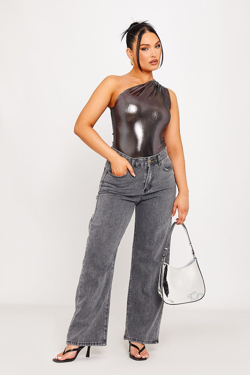 Zoila Blauwe Metallic One Shoulder Ruched Bodysuit