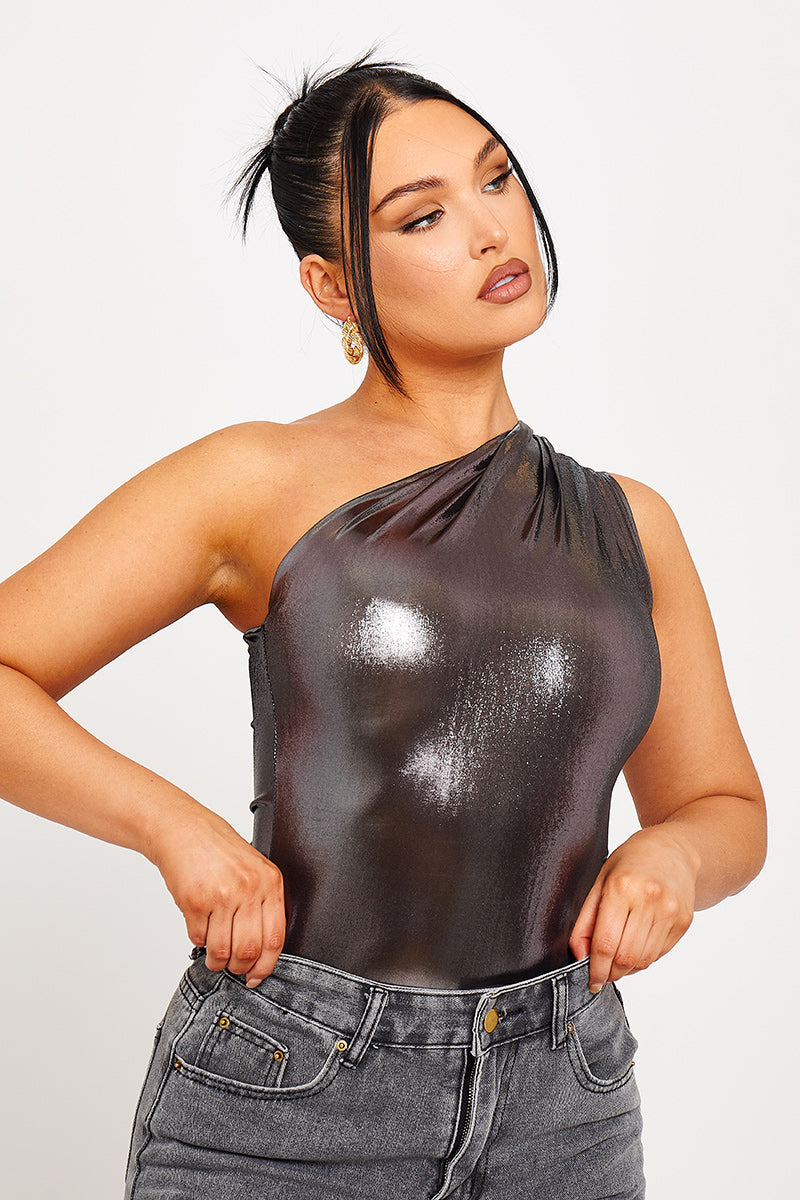 Zoila Blauwe Metallic One Shoulder Ruched Bodysuit
