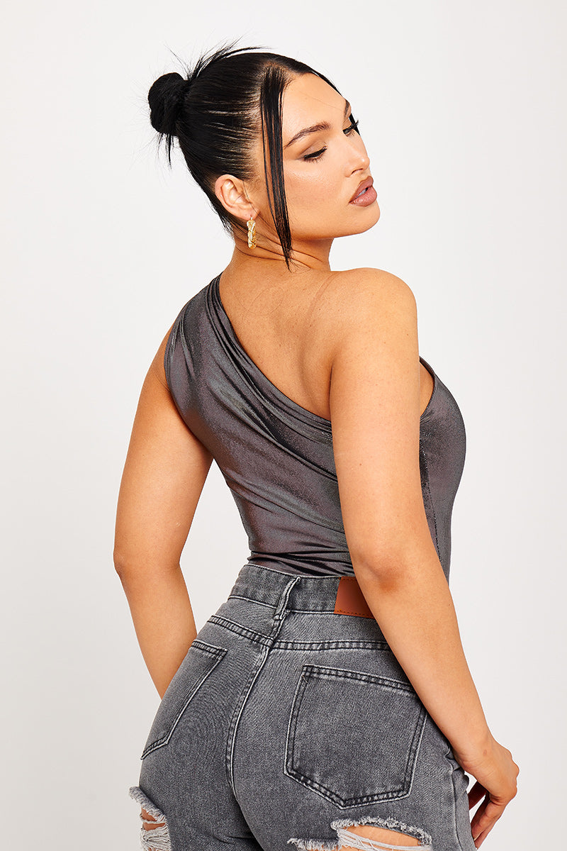 Zoila Blauwe Metallic One Shoulder Ruched Bodysuit