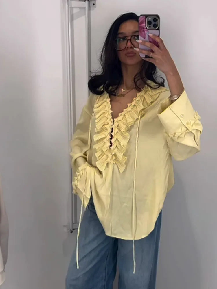Liora Ruffle Chiffon Blouse met Lange Mouwen