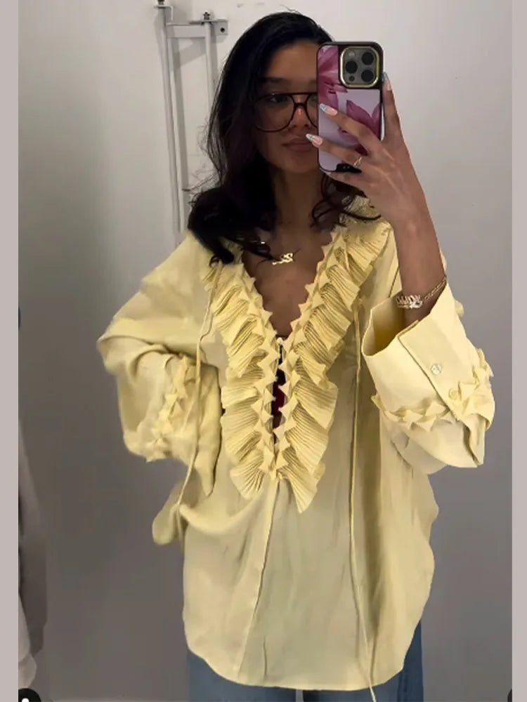 Liora Ruffle Chiffon Blouse met Lange Mouwen