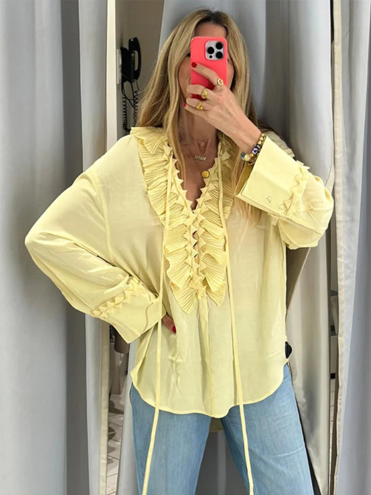 Liora Ruffle Chiffon Blouse met Lange Mouwen