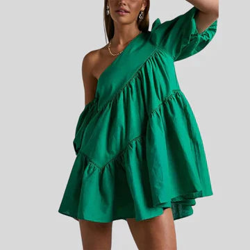 Roza Mini-jurk met één schouder en pofmouwen voor dames