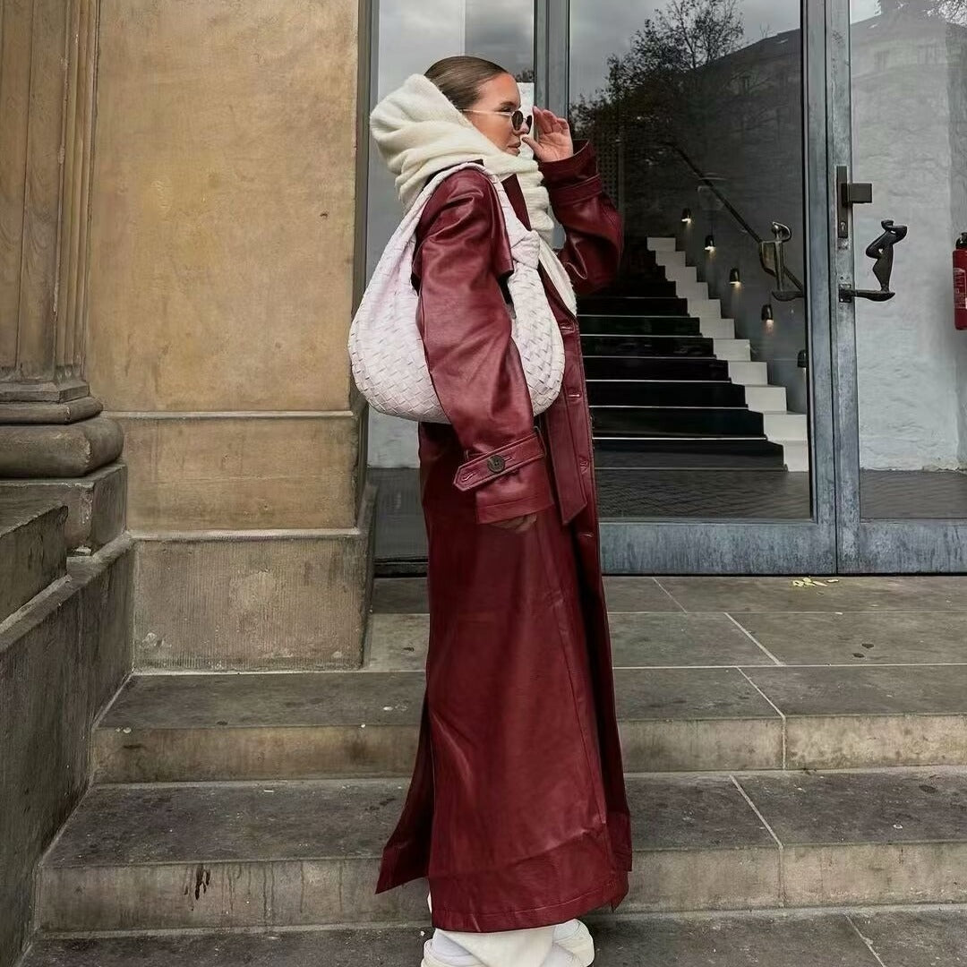 Donker Rode Leren Trench Coat