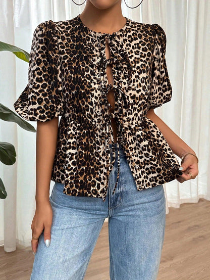 Luipaardprint Blouse met Strikjes