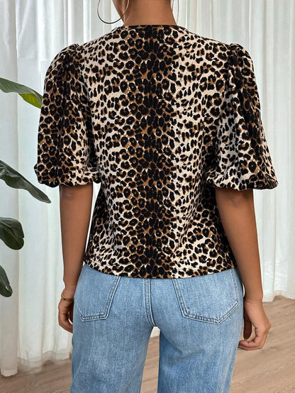 Luipaardprint Blouse met Strikjes