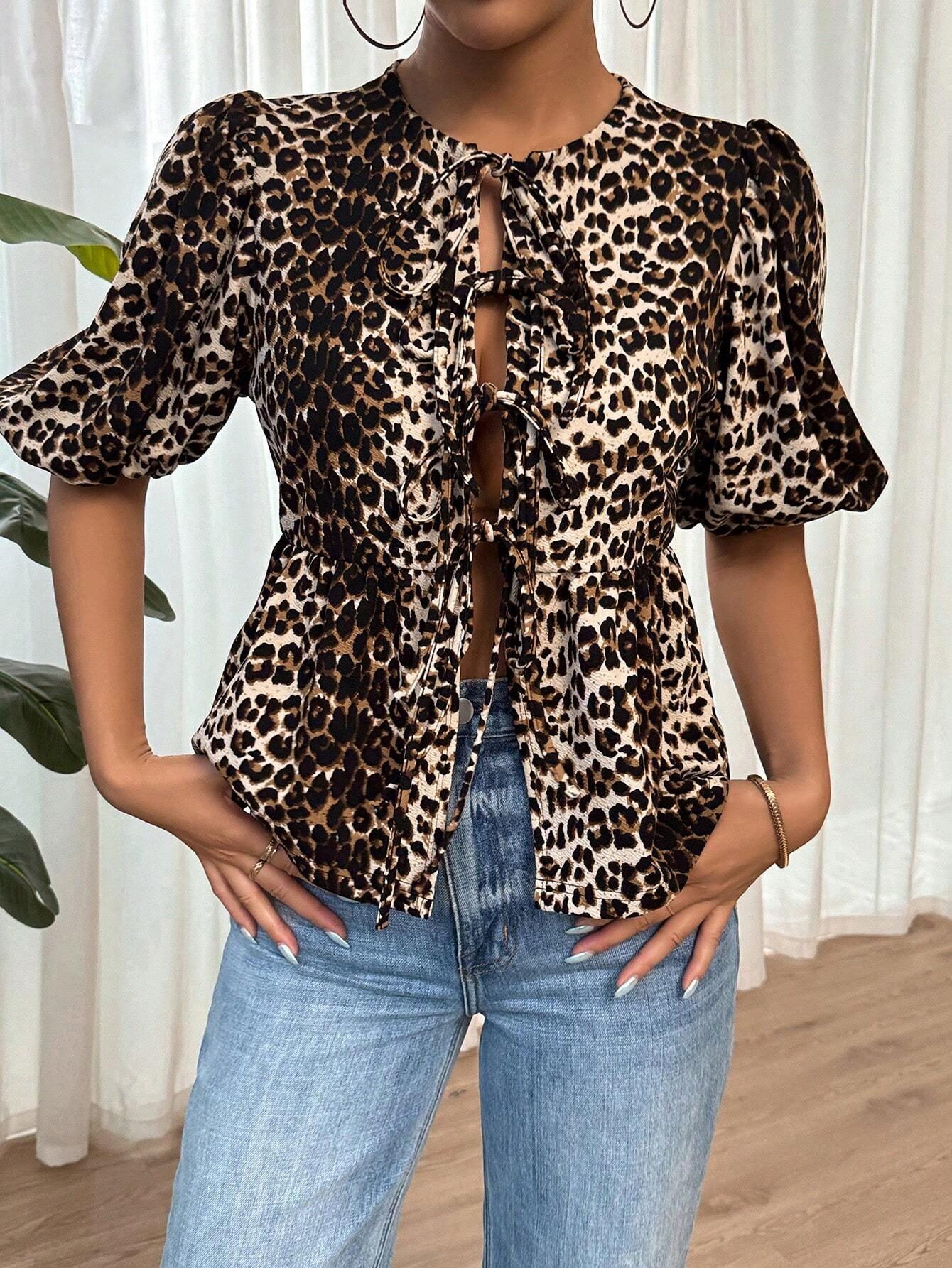 Luipaardprint Blouse met Strikjes