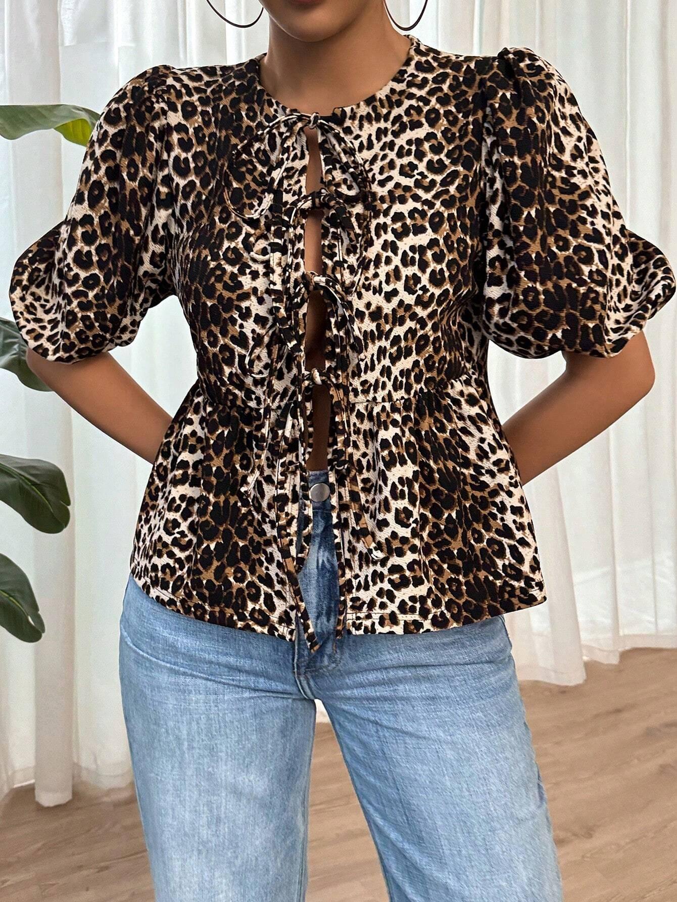 Luipaardprint Blouse met Strikjes