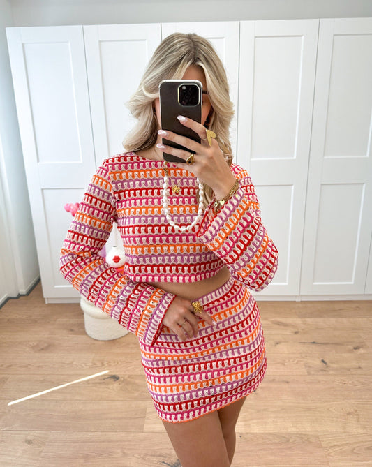 Zoila Kleurrijke Gehaakte Crop Top en Rok Set voor Dames