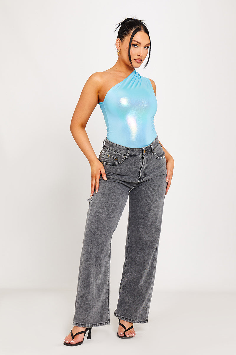 Zarina Blauwe Metallic One Shoulder Ruched Bodysuit