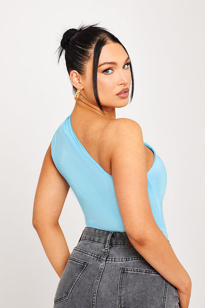 Zarina Blauwe Metallic One Shoulder Ruched Bodysuit