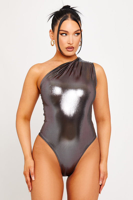 Zoila Blauwe Metallic One Shoulder Ruched Bodysuit