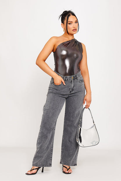 Zoila Blauwe Metallic One Shoulder Ruched Bodysuit