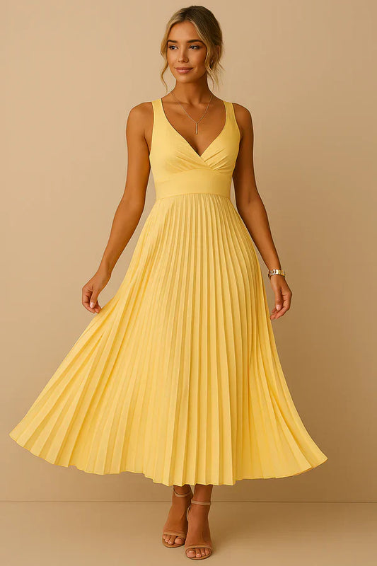 Royal Gele Plisserende V-hals Maxi Jurk