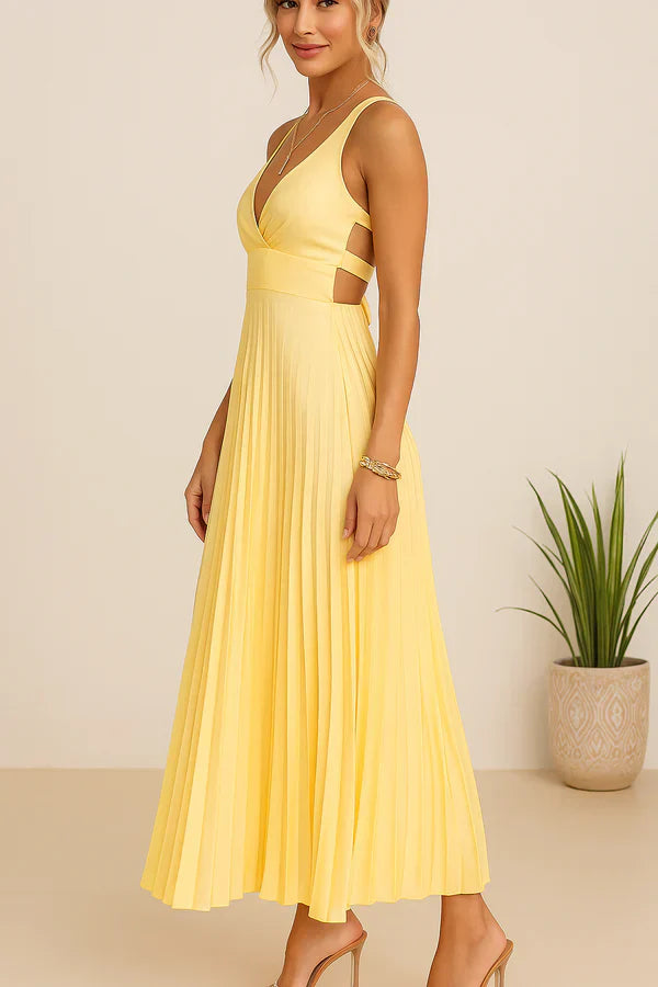 Royal Gele Plisserende V-hals Maxi Jurk