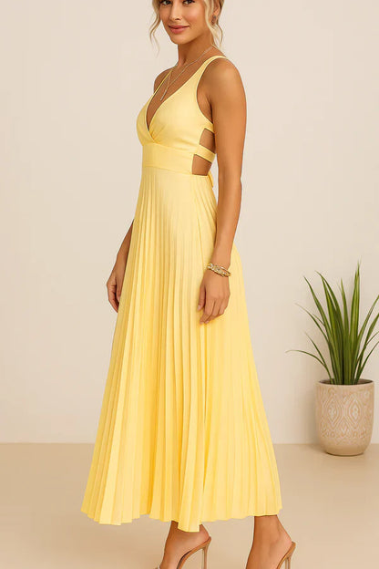 Royal Gele Plisserende V-hals Maxi Jurk