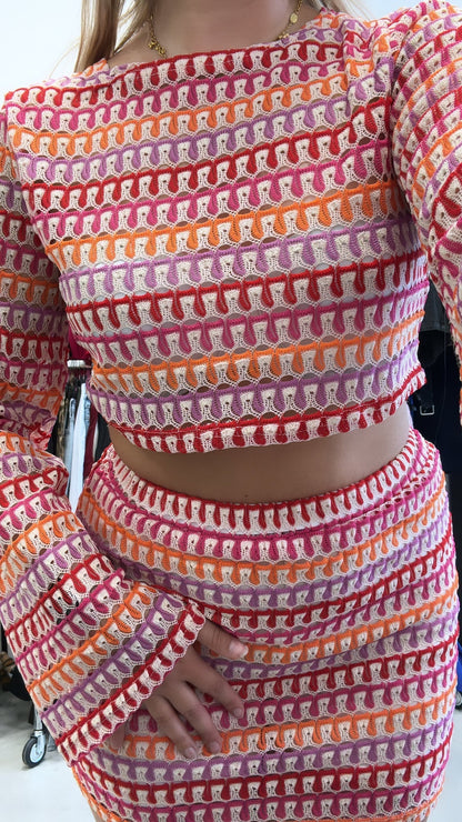 Zoila Kleurrijke Gehaakte Crop Top en Rok Set voor Dames