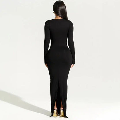 Eline Zwarte Elegante Jurk met lange mouwen
