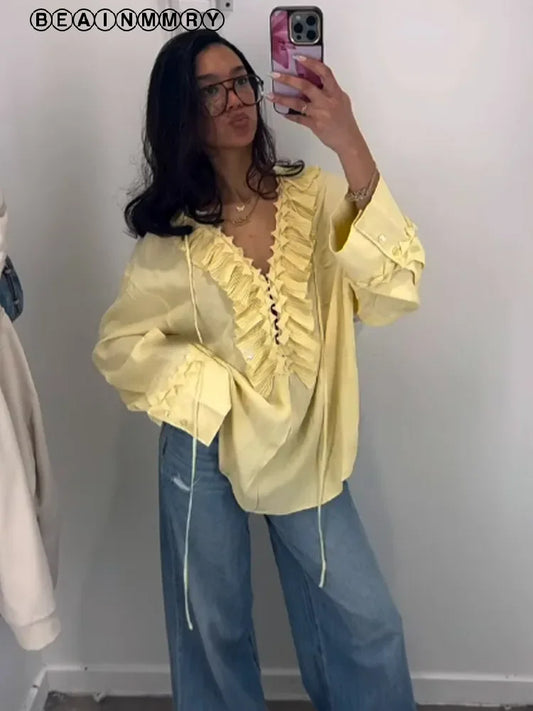 Liora Ruffle Chiffon Blouse met Lange Mouwen