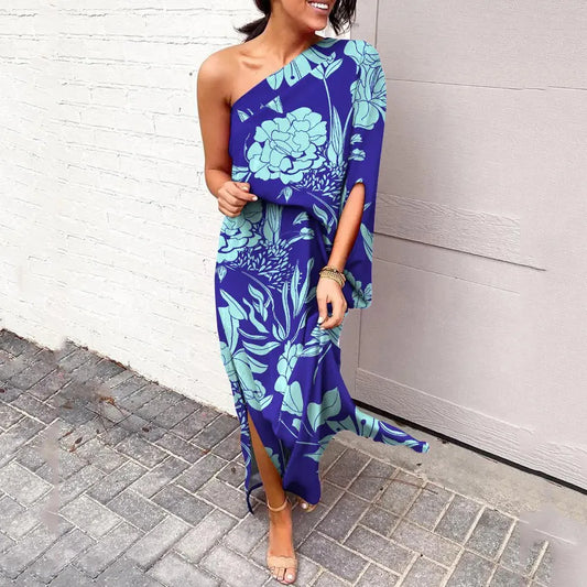 Camille – Tie-Dye Maxi Jurk met Diagonale Schouder
