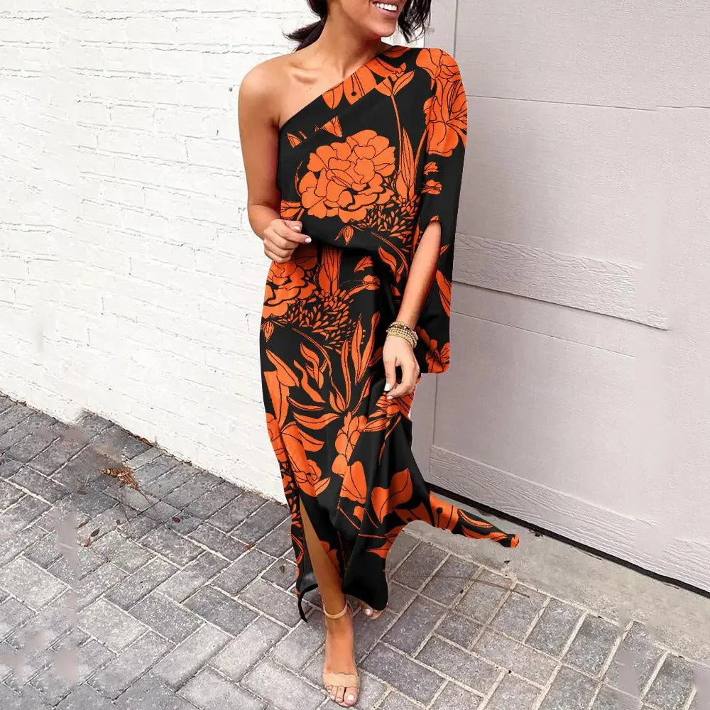 Camille – Tie-Dye Maxi Jurk met Diagonale Schouder