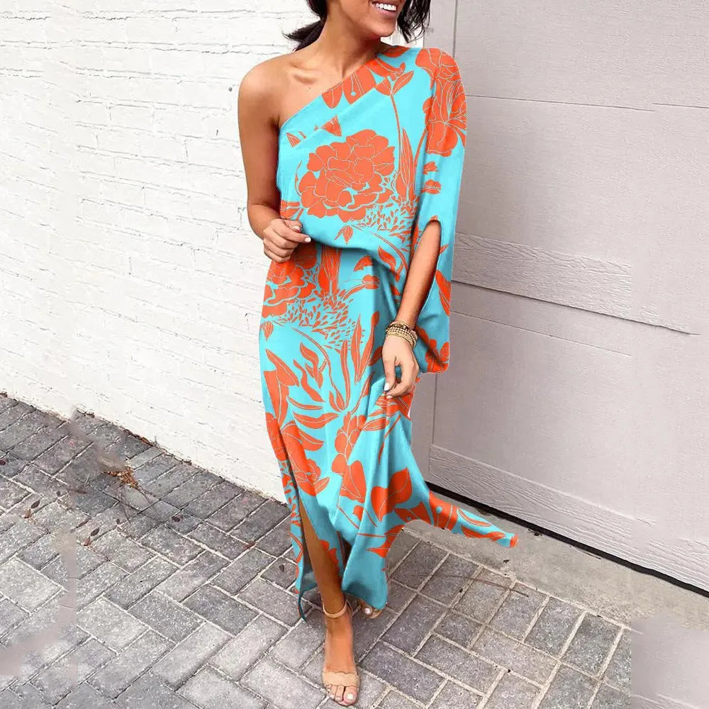 Camille – Tie-Dye Maxi Jurk met Diagonale Schouder