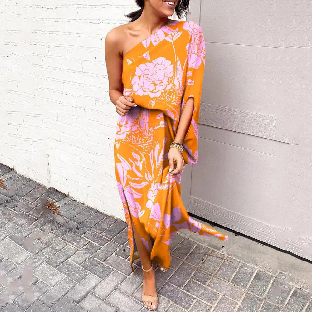 Camille – Tie-Dye Maxi Jurk met Diagonale Schouder