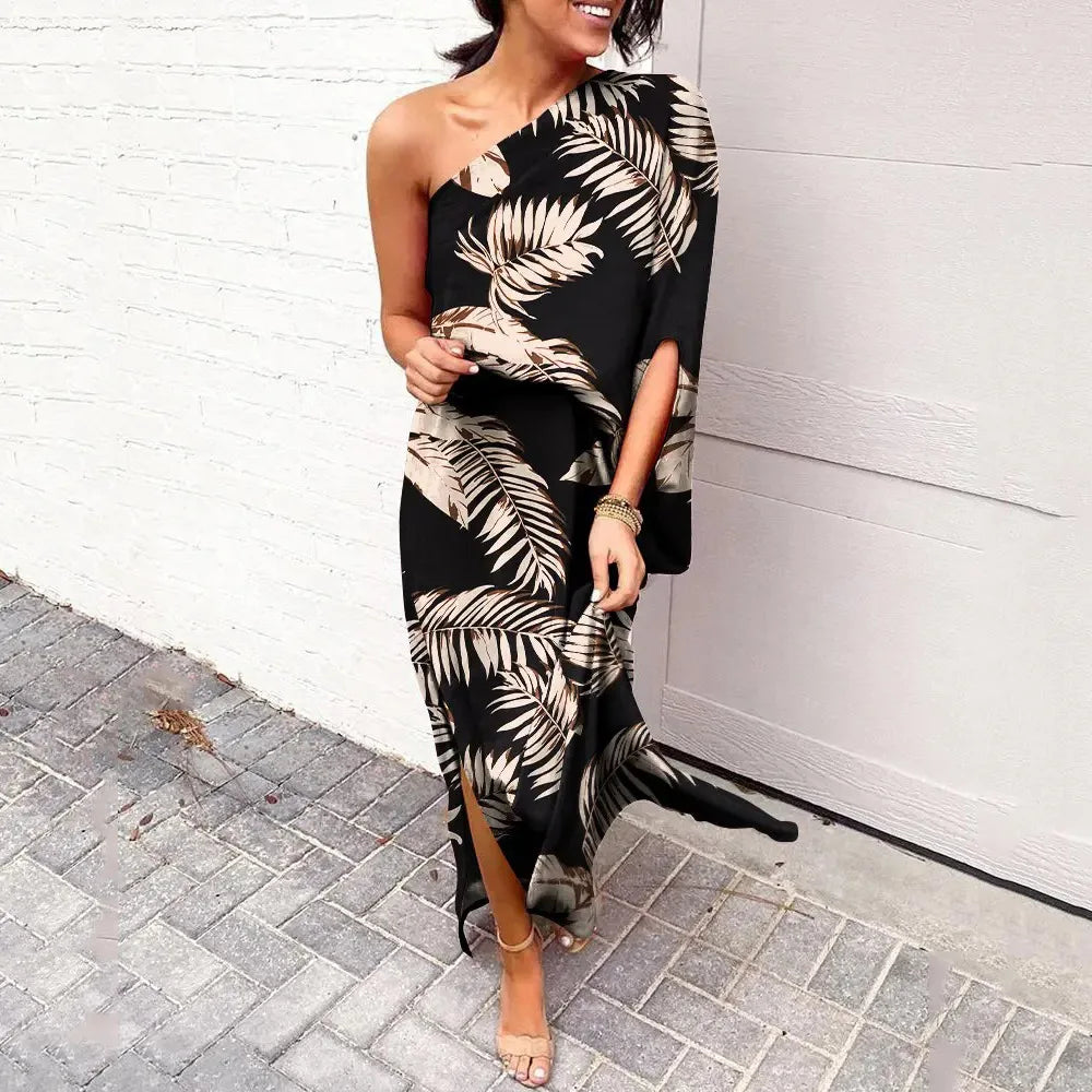 Camille – Tie-Dye Maxi Jurk met Diagonale Schouder