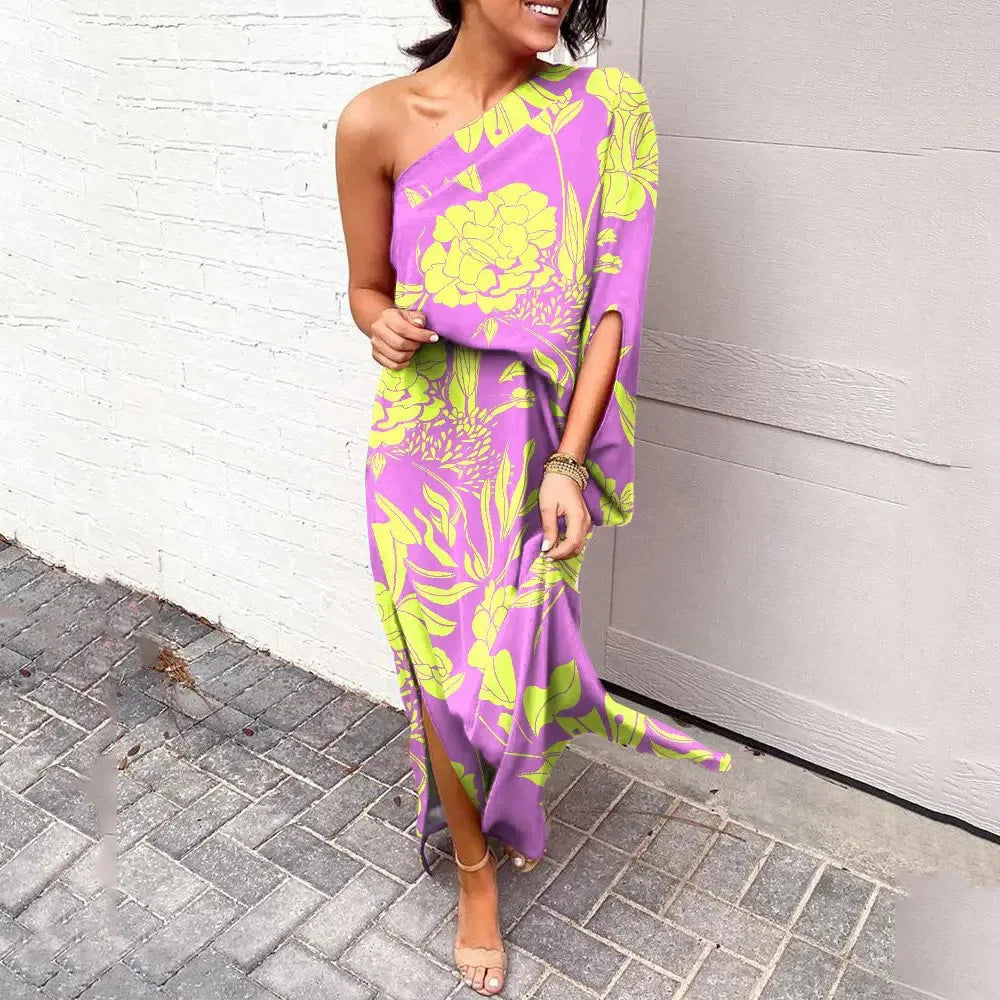 Camille – Tie-Dye Maxi Jurk met Diagonale Schouder