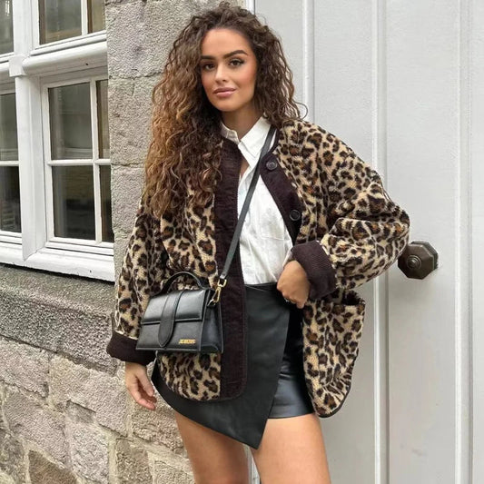 Oversized Fleecejack met Luipaardprint